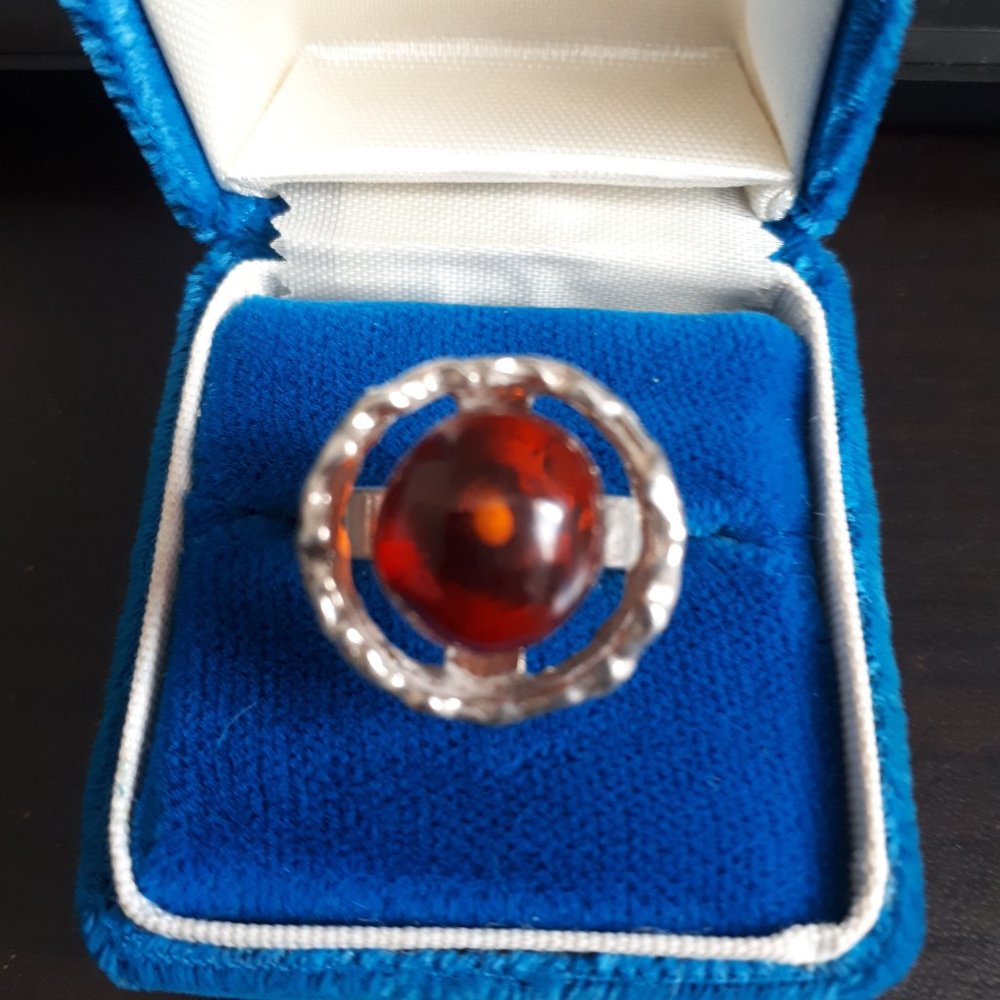 Sterling Silver Ring with Amber Cabochon - Red Brown